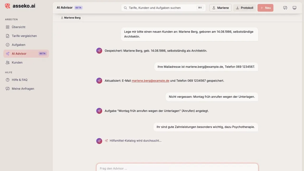 asseko.ai AI Advisor legt im Gespräch eine Kundin an, ergänzt Stammdaten und erzeugt eine Aufgabe