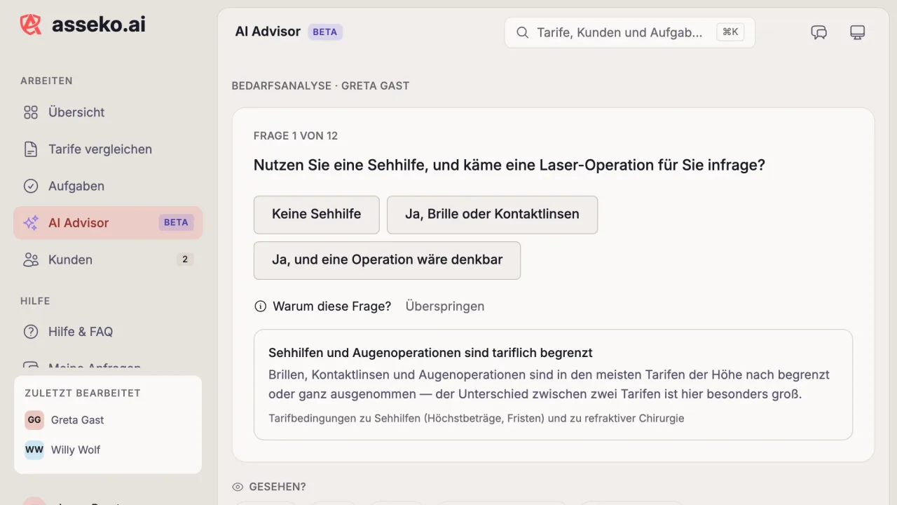 asseko.ai Bedarfsanalyse: eine Frage mit Antwortmöglichkeiten und aufgeklappter Begründung