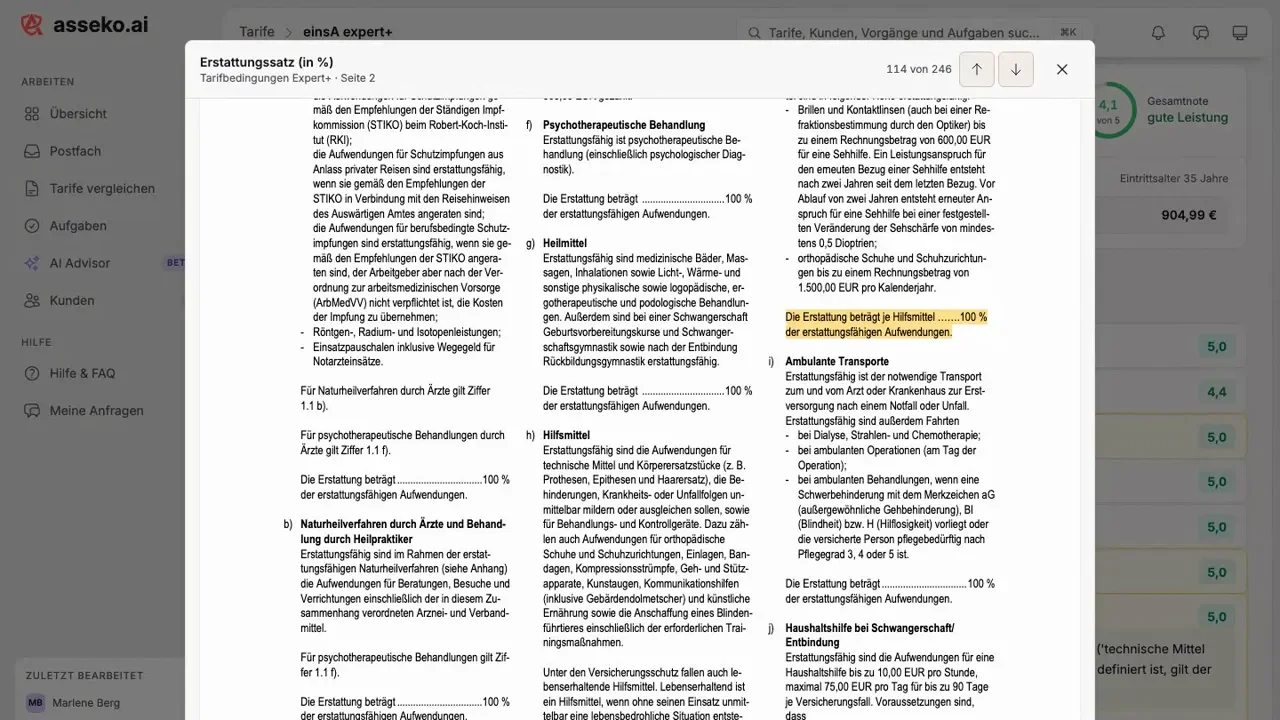 asseko.ai Bedingungswerk im Betrachter, die belegte Stelle gelb markiert
