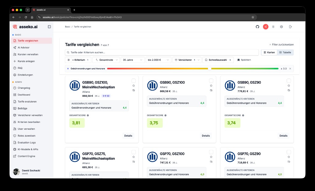 asseko.ai Kriterien-Filter mit Slider und Schnellauswahl