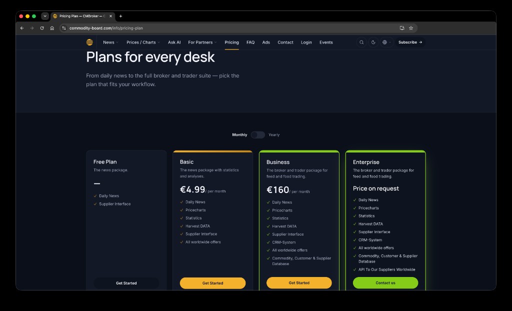 Pricing-Plans Free / Basic / Business / Enterprise auf der CMB-News-Domain