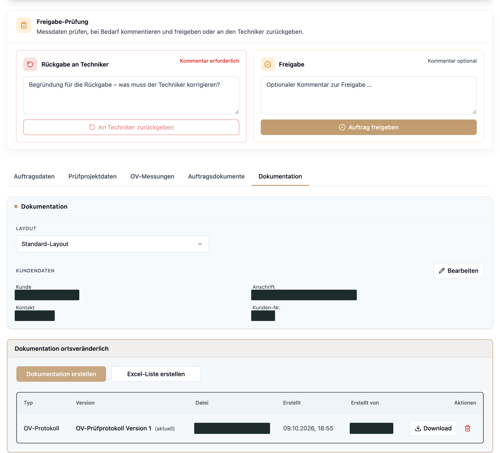 eSYS Go Freigabe-Ansicht: die technische Leitung gibt frei, darunter „Dokumentation erstellen“ und die erzeugte Berichtsversion (Demodaten, Kundendaten geschwärzt)