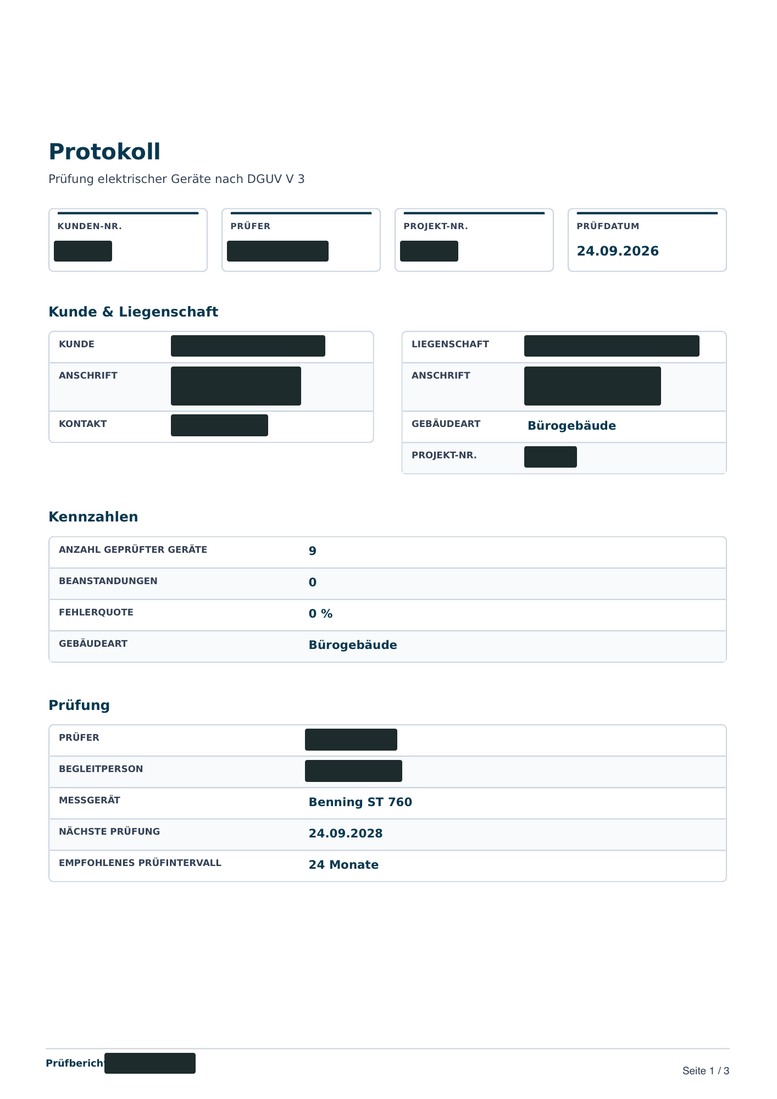 Erste Seite eines erzeugten OV-Prüfberichts als PDF (Demodaten, Kundendaten geschwärzt)