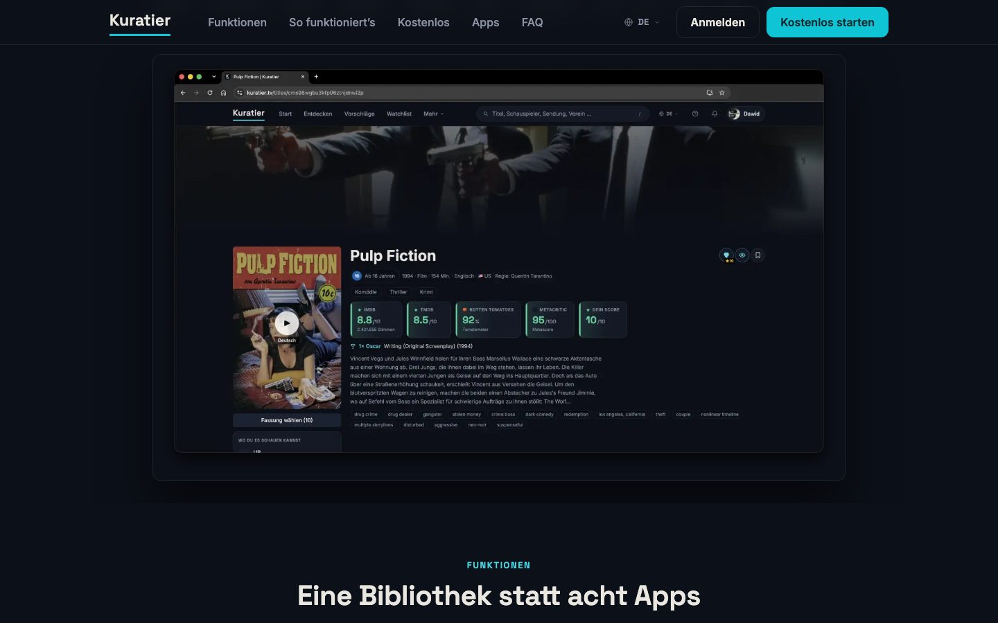 Titelseite in der App von kuratier.tv am Beispiel Pulp Fiction mit Ratings, Oscar-Hinweis und Fassungswahl