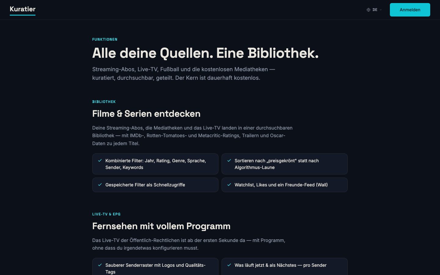 Funktionsseite von kuratier.tv mit den Bereichen Bibliothek und Live-TV & EPG