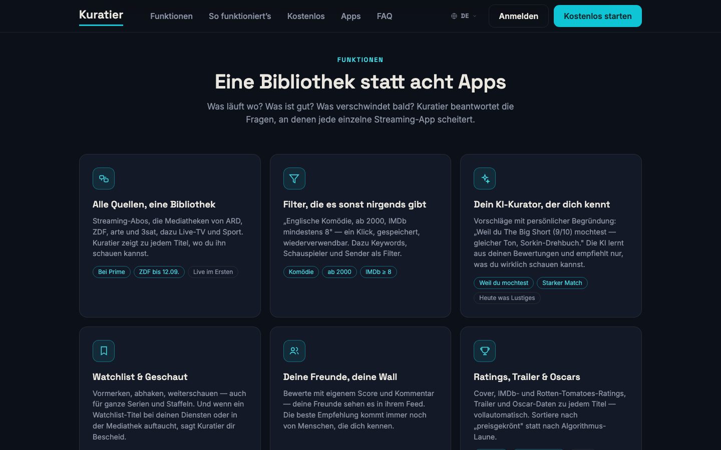 Funktionsübersicht auf kuratier.tv: Quellen, Filter, KI-Kurator, Watchlist, Freunde und Ratings