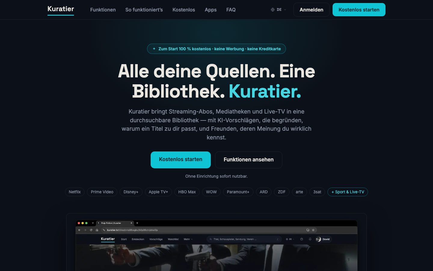 kuratier.tv Startseite mit Hero, Call-to-Action und Leiste der unterstützten Dienste
