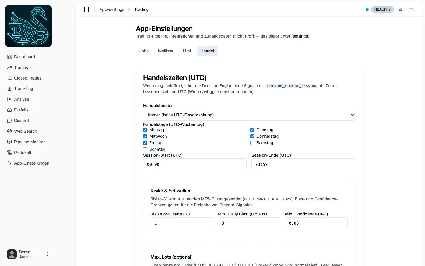 Einstellungen mit Handelszeiten, Risiko- und Konfidenzschwellen (Demodaten)