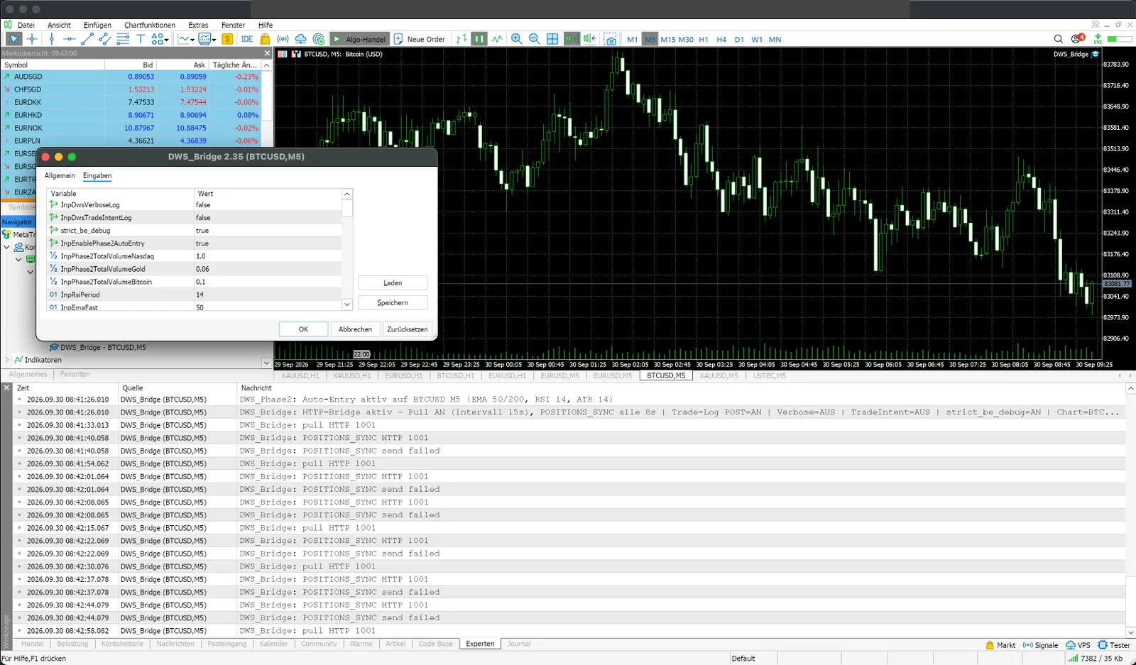 MetaTrader 5 mit der DWS_Bridge 2.35: Eingaben des Expert Advisors und das Experten-Log der HTTP-Bridge, aufgenommen nach der Archivierung, als das Backend bereits abgeschaltet war (Konto und Broker unkenntlich)