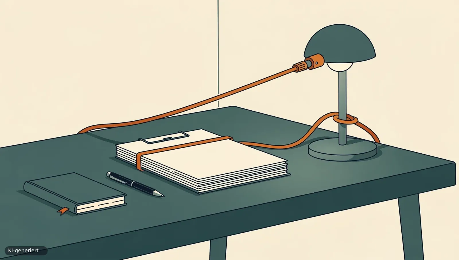 Ein Vertrag auf einem Schreibtisch, der mit einem straff gespannten Kabel fest an eine Schreibtischlampe gebunden ist und sich nicht lösen lässt.